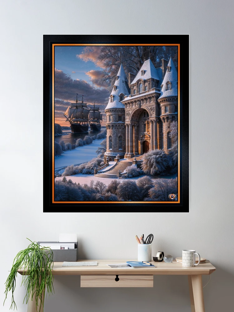 Majestic Snow-Covered Forest Estate With Grand Sailing Ships In The Background Awe-Inspiring AI Concept Art by Xzendor7 Wall Decor Poster Art Print