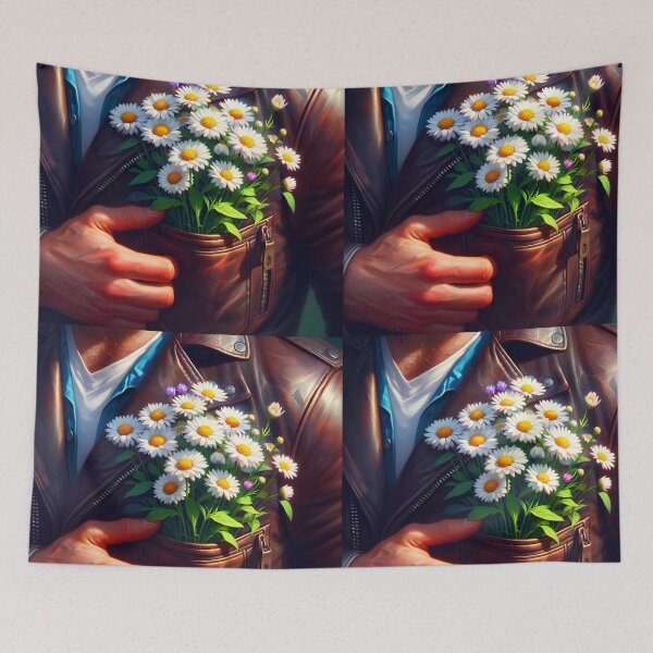 Item preview, wildflowers in a man's leather jacket pocket art designed and sold by EmeraldeaArt.