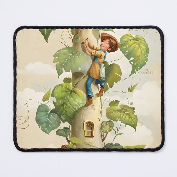 Item preview, Boy climbing a tall beanstalk toward a cozy small house designed and sold by Artessie.