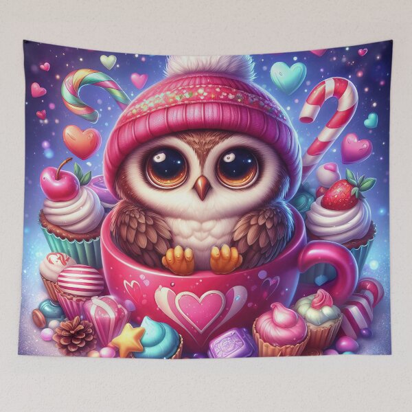 Item preview, Cute owl with a hat in a cup surrounded by sweets designed and sold by lalylaura.