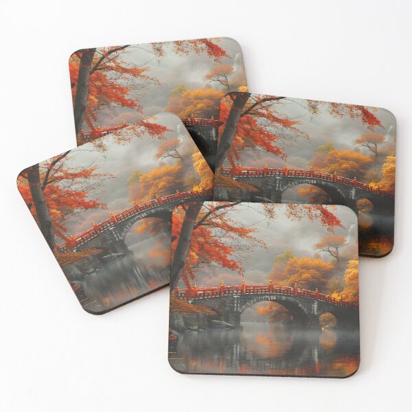Item preview, Vibrant red bridge amidst enchanting autumn foliage designed and sold by Artessie.