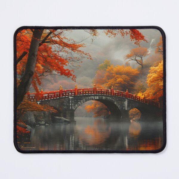 Item preview, Vibrant red bridge amidst enchanting autumn foliage designed and sold by Artessie.