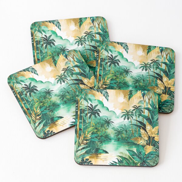 Item preview, Jungle landscape in a water paint style emerald and gold shades designed and sold by Moonde04.