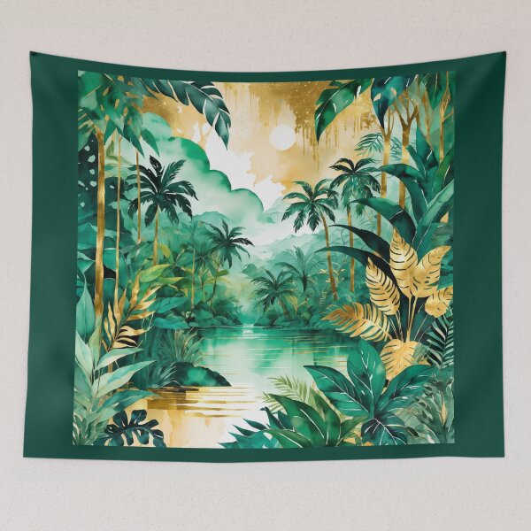 Item preview, Jungle landscape in a water paint style emerald and gold shades designed and sold by Moonde04.