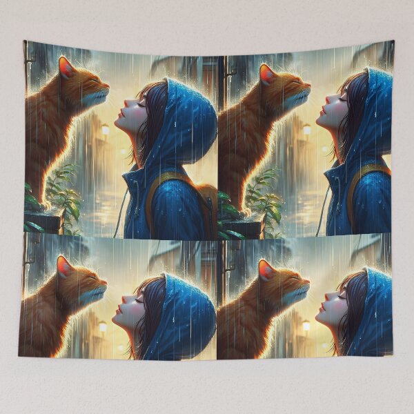 Item preview, love and closeness with an orange tabby cat on the street during heavy rain pouring in anime style designed and sold by EmeraldeaArt.