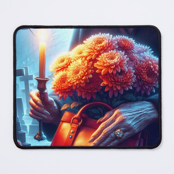 Item preview, old womans hand holding her bag and flowers in it and a candle in other hand in the cemetery visiting november 1 memorial dead day designed and sold by EmeraldeaArt.