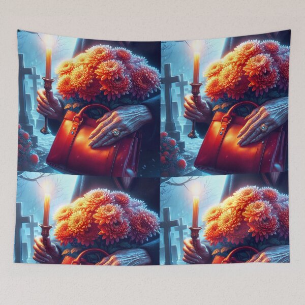 Item preview, old womans hand holding her bag and flowers in it and a candle in other hand in the cemetery visiting november 1 memorial dead day designed and sold by EmeraldeaArt.