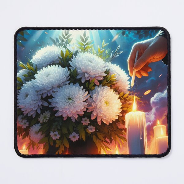 Item preview, white chrysantemums in a pot vase amond lot of lit candles and a hand lighting candle memorial for deseased loved ones digitalart designed and sold by EmeraldeaArt.