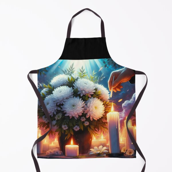 Item preview, white chrysantemums in a pot vase amond lot of lit candles and a hand lighting candle memorial for deseased loved ones digitalart designed and sold by EmeraldeaArt.