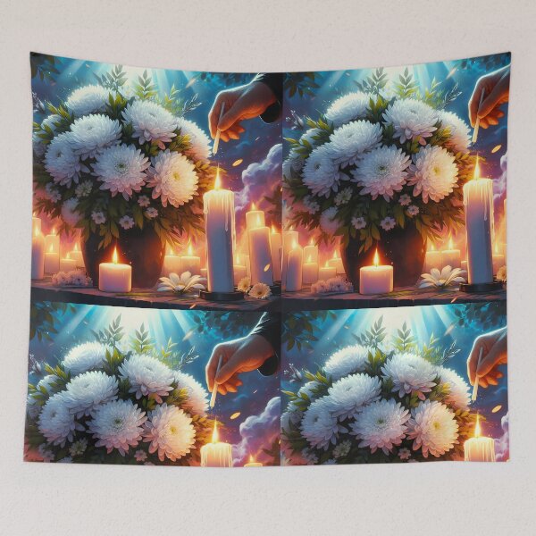 Item preview, white chrysantemums in a pot vase amond lot of lit candles and a hand lighting candle memorial for deseased loved ones digitalart designed and sold by EmeraldeaArt.