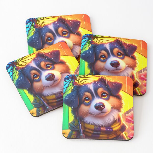 Item preview, cute dog wearing a scarf and sitting under a rainbow colorful umbrella cartoon designed and sold by EmeraldeaArt.
