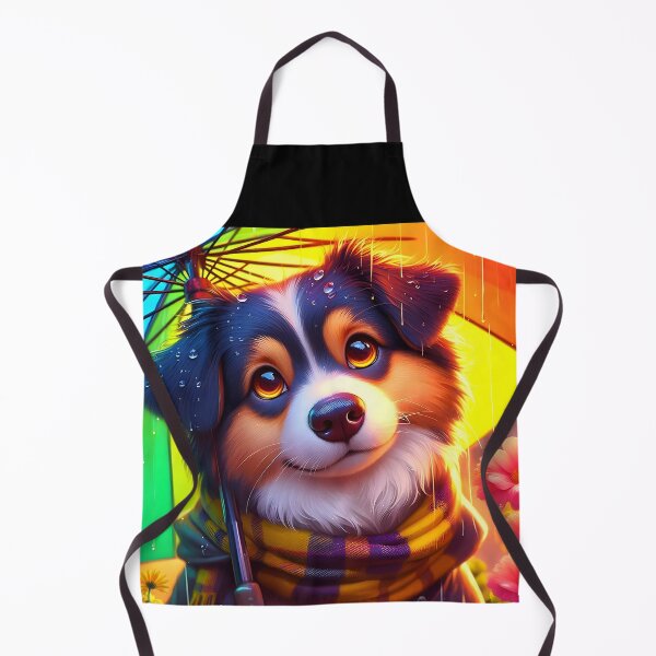 Item preview, cute dog wearing a scarf and sitting under a rainbow colorful umbrella cartoon designed and sold by EmeraldeaArt.