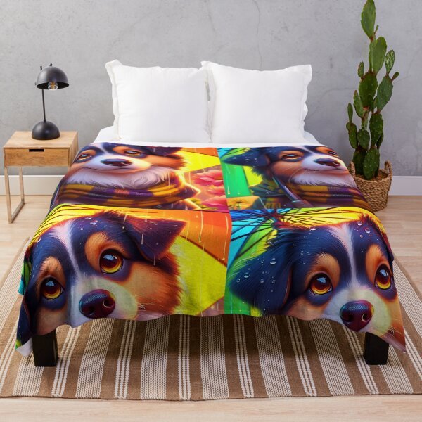 Item preview, cute dog wearing a scarf and sitting under a rainbow colorful umbrella cartoon designed and sold by EmeraldeaArt.