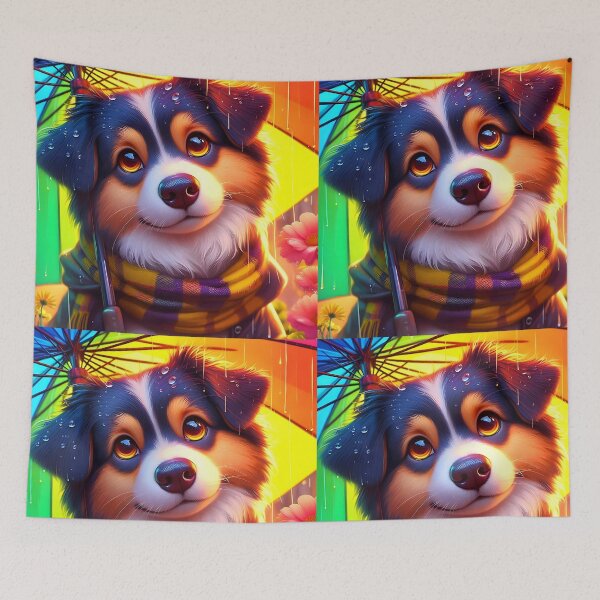 Item preview, cute dog wearing a scarf and sitting under a rainbow colorful umbrella cartoon designed and sold by EmeraldeaArt.