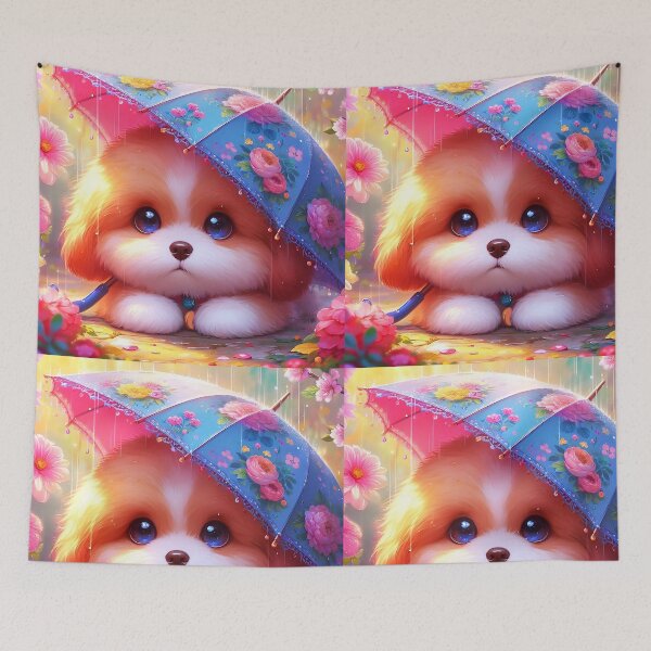 Item preview, cute little orange and white puppy under a blue umbrella with pink floral pattern during a rain shower in digital art designed and sold by EmeraldeaArt.