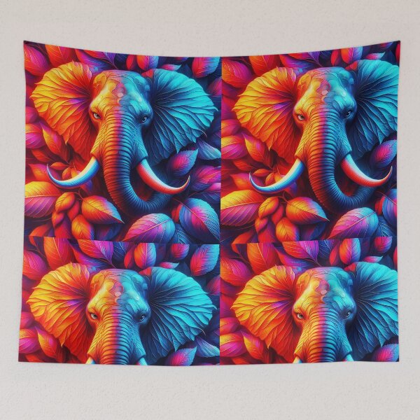 Item preview, Autumn elephant fall red and blue leafy portraiture designed and sold by EmeraldeaArt.