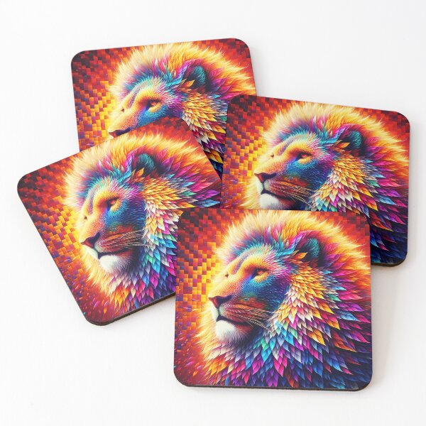 Item preview, Autumn lion fall colorful abstrcat checkered leafy portraiture designed and sold by EmeraldeaArt.