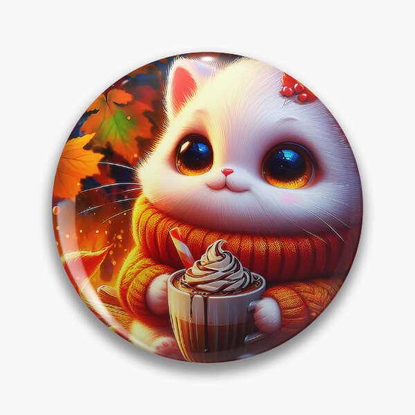 Item preview, Cozy Autumn scene little white feline in knitted pullover drinking a hot chocolate designed and sold by EmeraldeaArt.