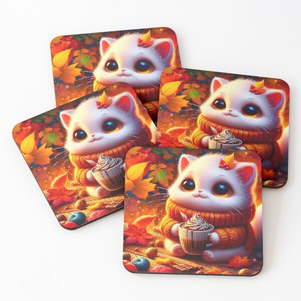 Item preview, Cozy Autumn scene little white feline in knitted pullover drinking a hot chocolate designed and sold by EmeraldeaArt.