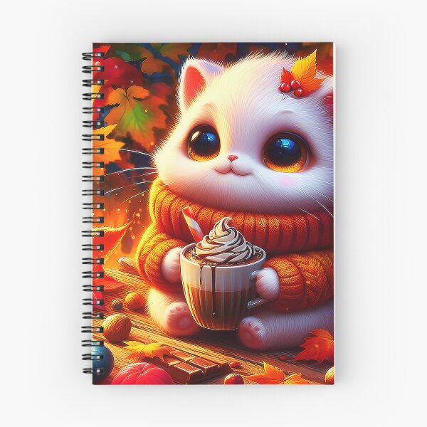 Item preview, Cozy Autumn scene little white feline in knitted pullover drinking a hot chocolate designed and sold by EmeraldeaArt.