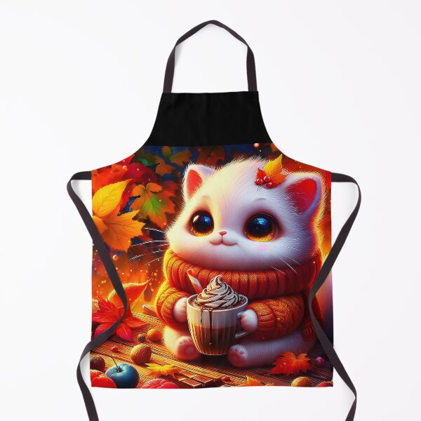 Item preview, Cozy Autumn scene little white feline in knitted pullover drinking a hot chocolate designed and sold by EmeraldeaArt.