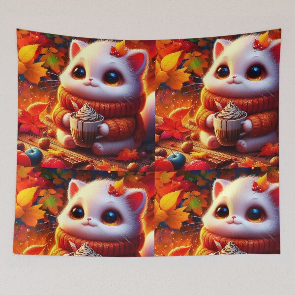 Item preview, Cozy Autumn scene little white feline in knitted pullover drinking a hot chocolate designed and sold by EmeraldeaArt.