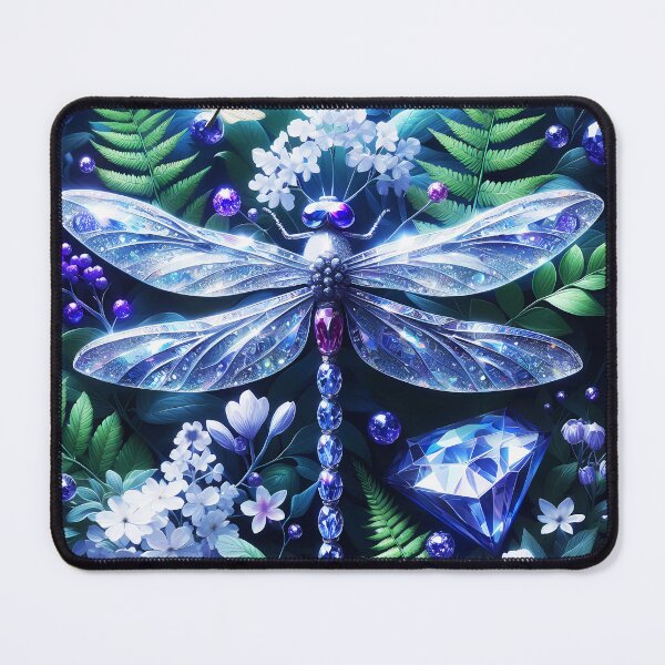 Item preview, Blue sapphire gem dragonfly on green fern leaves digitalart designed and sold by EmeraldeaArt.