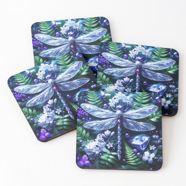 Item preview, Blue sapphire gem dragonfly on green fern leaves digitalart designed and sold by EmeraldeaArt.