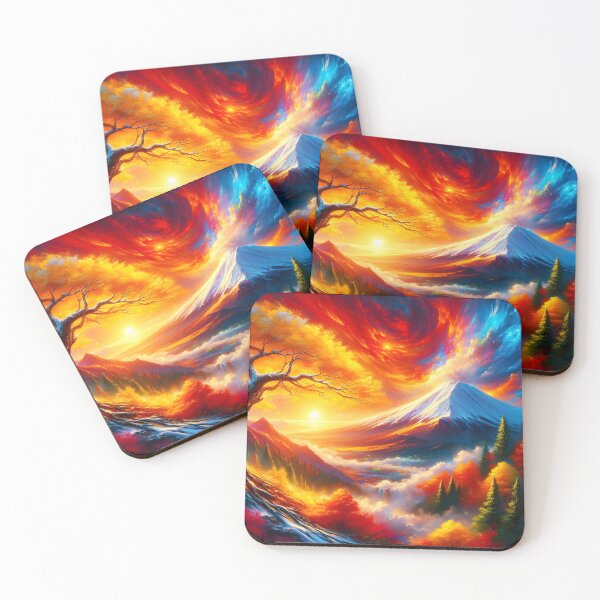 Item preview, Fiery autumn landscape with mountains and clouds and pine trees digitalart designed and sold by EmeraldeaArt.
