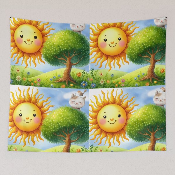 Item preview, cute cat on top of the tree smiling sun childrens book style cartoon illustration designed and sold by EmeraldeaArt.