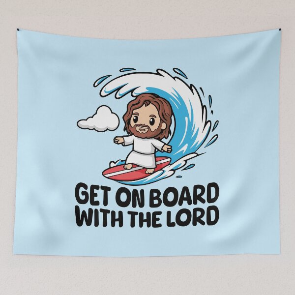 Item preview, Get On Board With The Lord! Cute Surfing Jesus designed and sold by PMCreative.
