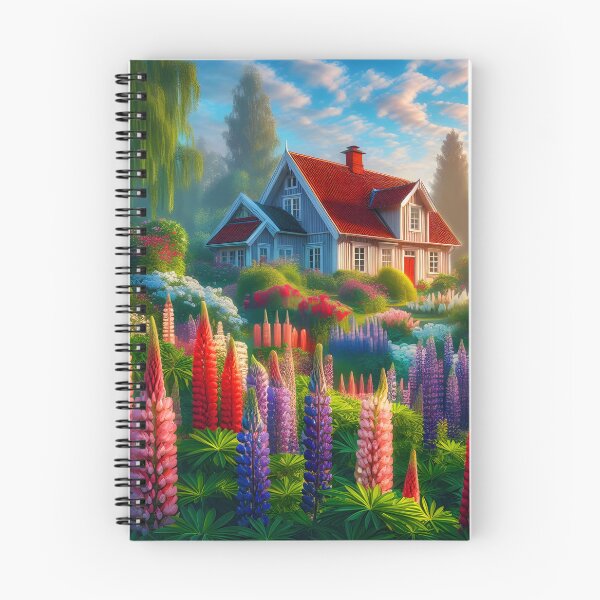 Item preview, lupins in the garden of a house digitalart designed and sold by EmeraldeaArt.
