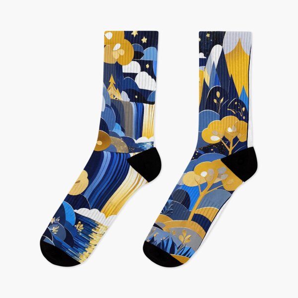 Item preview, Waterfall patchwork style with gold and blue shades at night designed and sold by Moonde04.