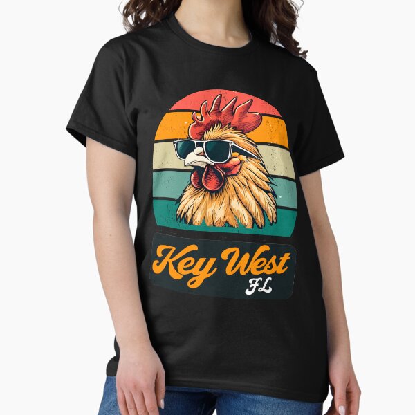 Vista previa del artículo con la obra «Gallo de Key West y atardecer retro para vacaciones familiares en Florida 2025», diseñado y vendido por erozzz.