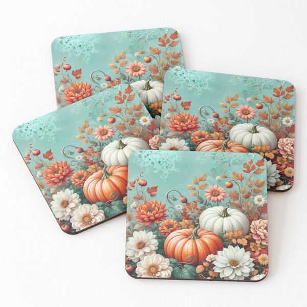 Item preview, Vintage turquoise Autumn Flower Fall Pumpkin Girl Women Fall Themed, texture with Pumpkin, Autumn with orange and pink, cute Halloween designed and sold by Collagedream.