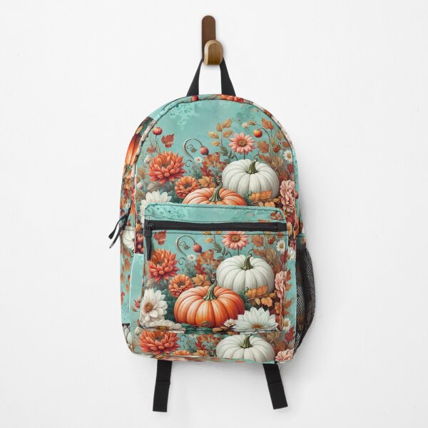 Item preview, Vintage turquoise Autumn Flower Fall Pumpkin Girl Women Fall Themed, texture with Pumpkin, Autumn with orange and pink, cute Halloween designed and sold by Collagedream.