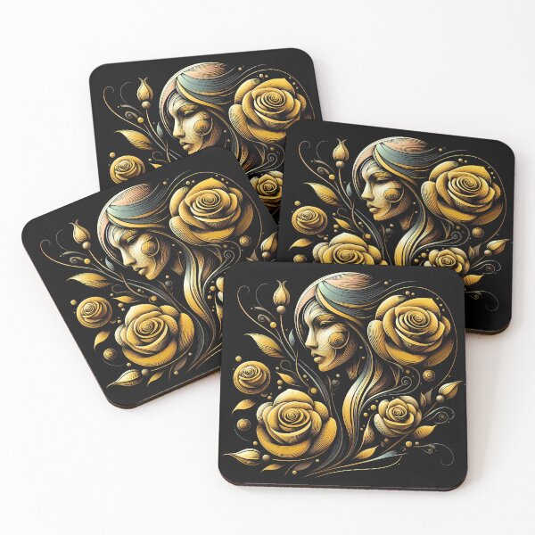 Item preview, A FEMALE FIGURE WITH A YELLOW ROSE / Gift items and personal use / Portrait, Female, Roses, Flowers, Leaves, Yellow, Art, Nature designed and sold by LumDesignArt.