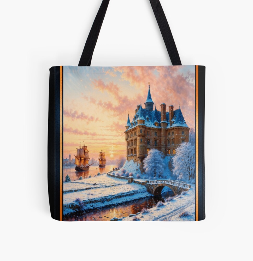 An Enchanting Sunset Scene Of A Snowy Castle Overlooking A River With Sailing Ships Tranquil AI Concept Art by Xzendor7 Decorative Art Print Tote Bag