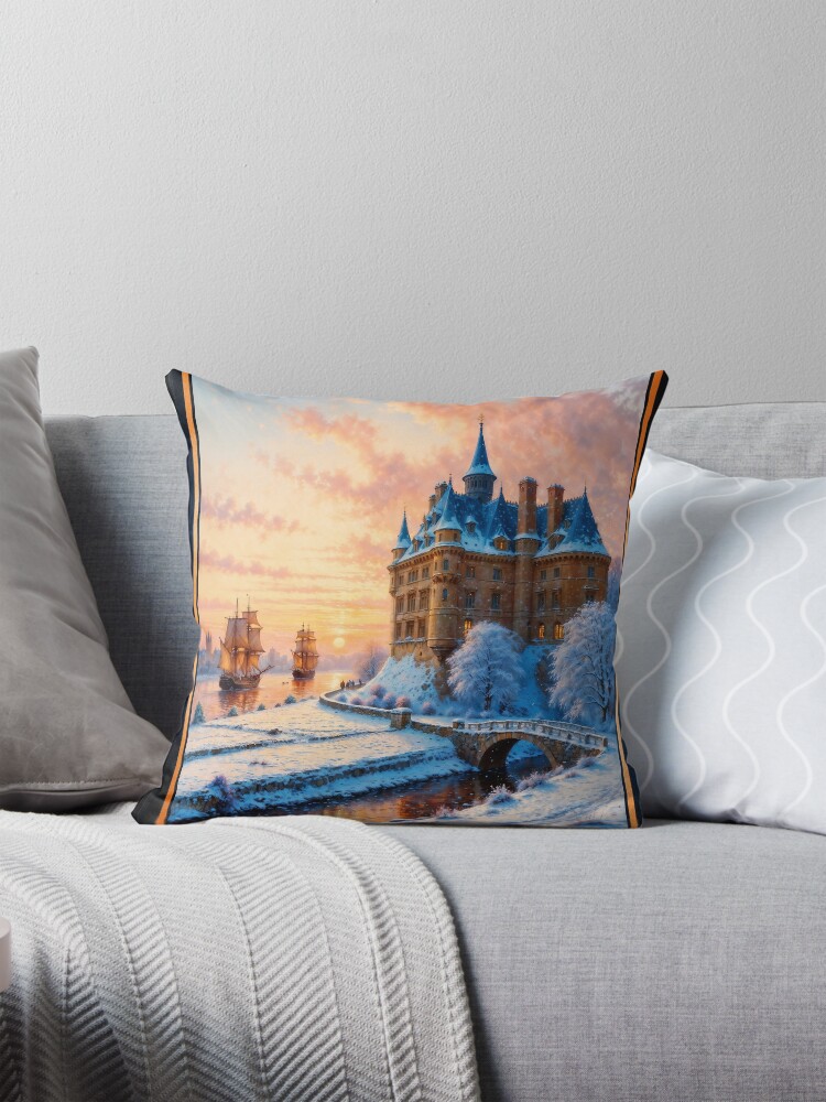 An Enchanting Sunset Scene Of A Snowy Castle Overlooking A River With Sailing Ships Tranquil AI Concept Art by Xzendor7 Decorative Art Print Throw Pillow