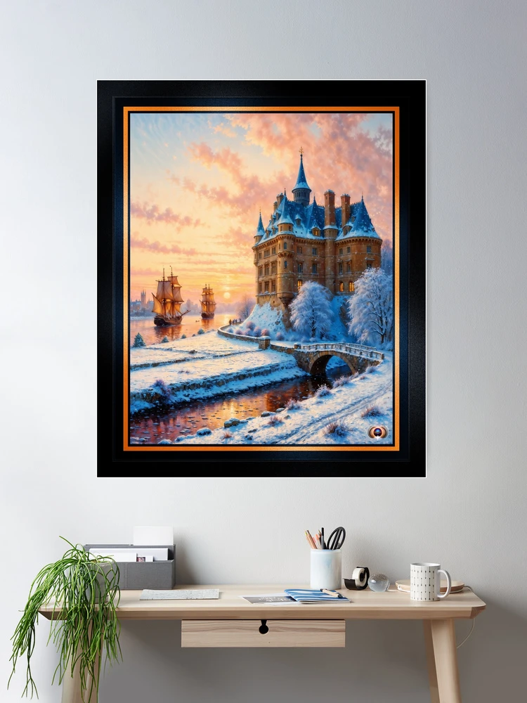 An Enchanting Sunset Scene Of A Snowy Castle Overlooking A River With Sailing Ships Tranquil AI Concept Art by Xzendor7 Wall Decor Poster Art Print