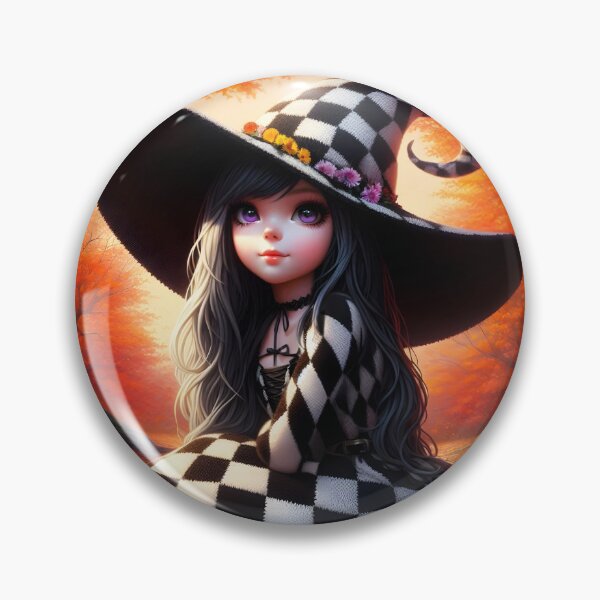Item preview, The Checkered Witch of the Woods young long black hair girl in knitted black and white dress in the fall forest digitalart	 designed and sold by EmeraldeaArt.