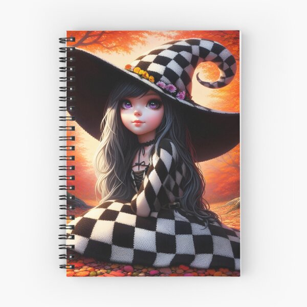 Item preview, The Checkered Witch of the Woods young long black hair girl in knitted black and white dress in the fall forest digitalart	 designed and sold by EmeraldeaArt.