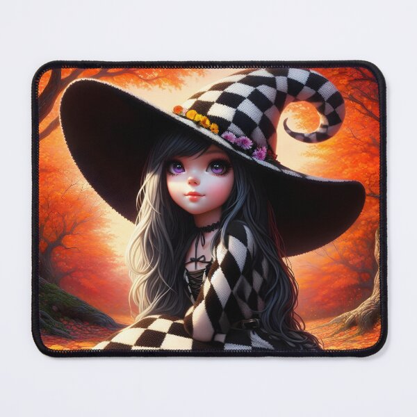 Item preview, The Checkered Witch of the Woods young long black hair girl in knitted black and white dress in the fall forest digitalart	 designed and sold by EmeraldeaArt.