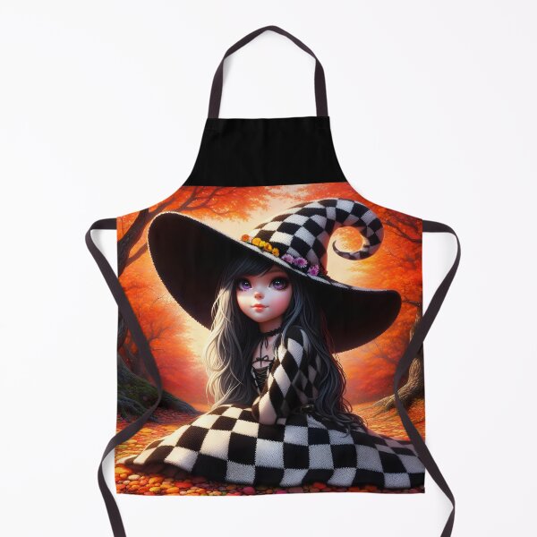 Item preview, The Checkered Witch of the Woods young long black hair girl in knitted black and white dress in the fall forest digitalart designed and sold by EmeraldeaArt.