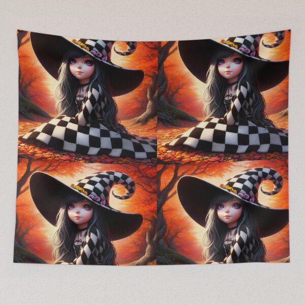 Item preview, The Checkered Witch of the Woods young long black hair girl in knitted black and white dress in the fall forest digitalart	 designed and sold by EmeraldeaArt.