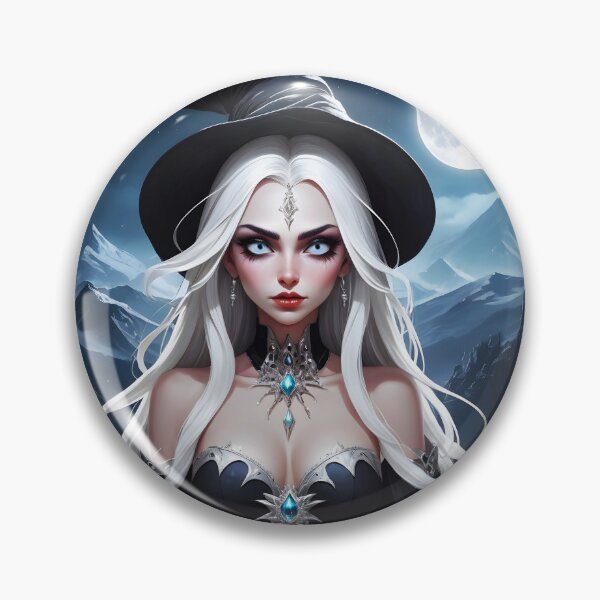 Item preview, Gothic white hair witch lightblue eyyes witch hat full moon mountains background designed and sold by EmeraldeaArt.