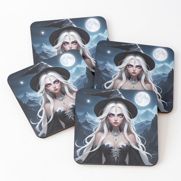 Item preview, Gothic white hair witch lightblue eyyes witch hat full moon mountains background designed and sold by EmeraldeaArt.