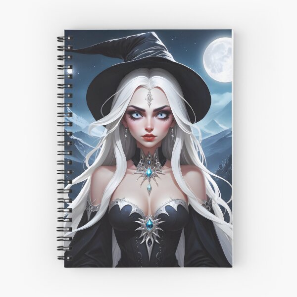Item preview, Gothic white hair witch lightblue eyyes witch hat full moon mountains background designed and sold by EmeraldeaArt.