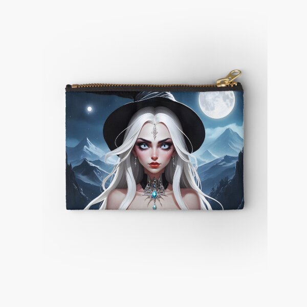 Item preview, Gothic white hair witch lightblue eyyes witch hat full moon mountains background designed and sold by EmeraldeaArt.