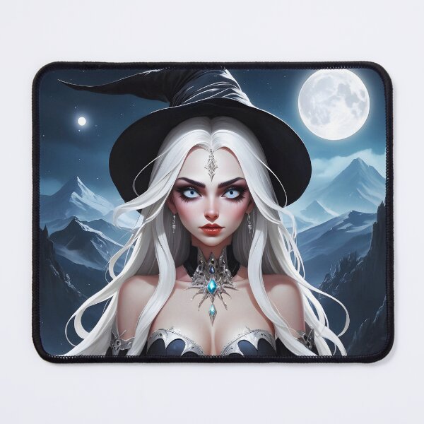 Item preview, Gothic white hair witch lightblue eyyes witch hat full moon mountains background designed and sold by EmeraldeaArt.